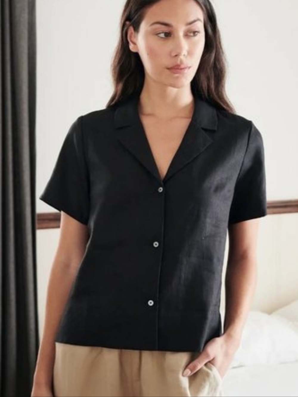 Quince Black Short-Sleeve Button Front Linen Shirt